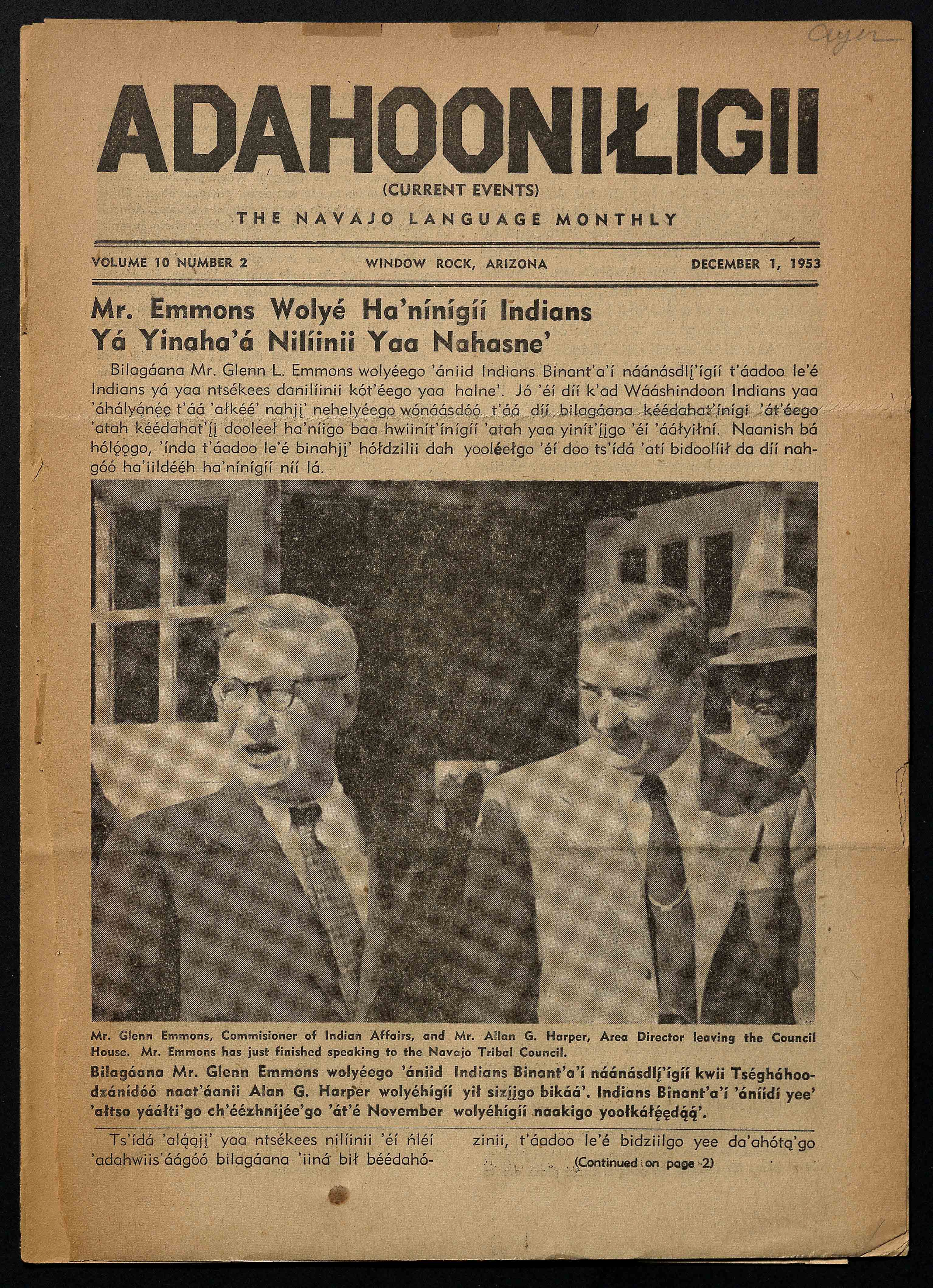 Front page of Adahooniłigii, December 1 1953